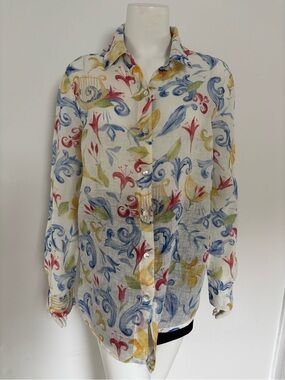 Haris Cotton Lightweight  Linen Floral Scroll Shirt in Blue, Red, Green
